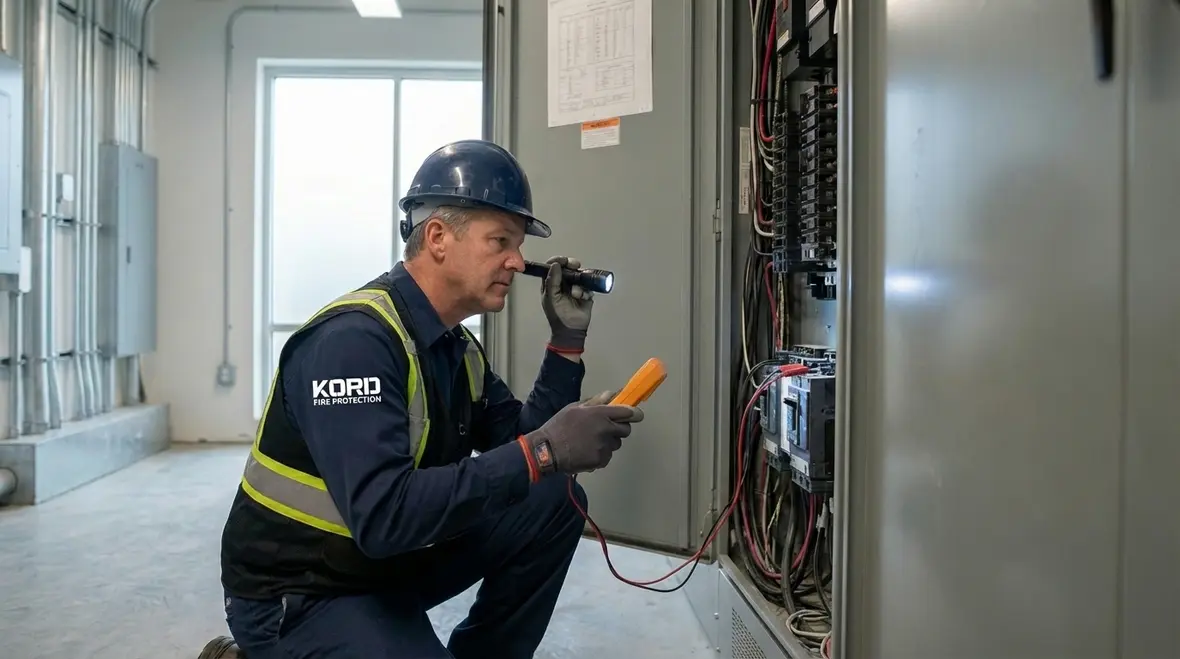 Government electrical service technicians working safely in a commercial building