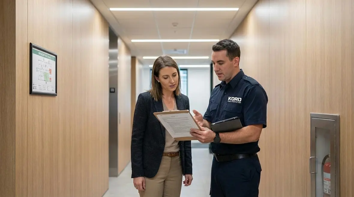 Technician reviewing fire inspection violation notice with owner