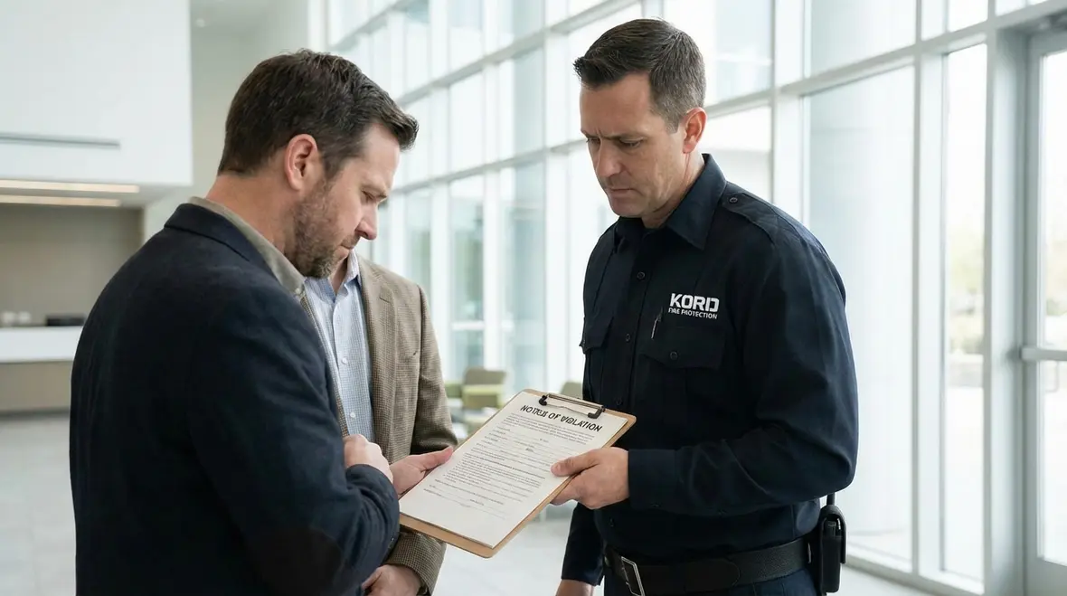 Los Angeles County fire violation notice after failed sprinkler inspection