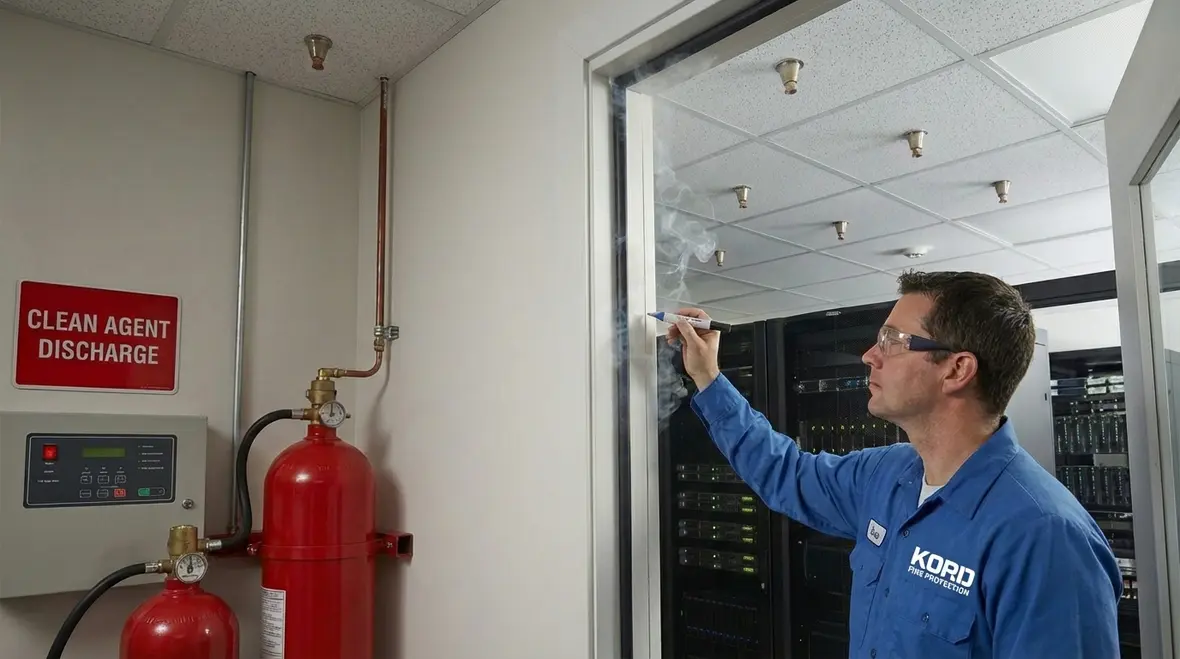 Fire protection technicians inspecting Los Angeles film studio