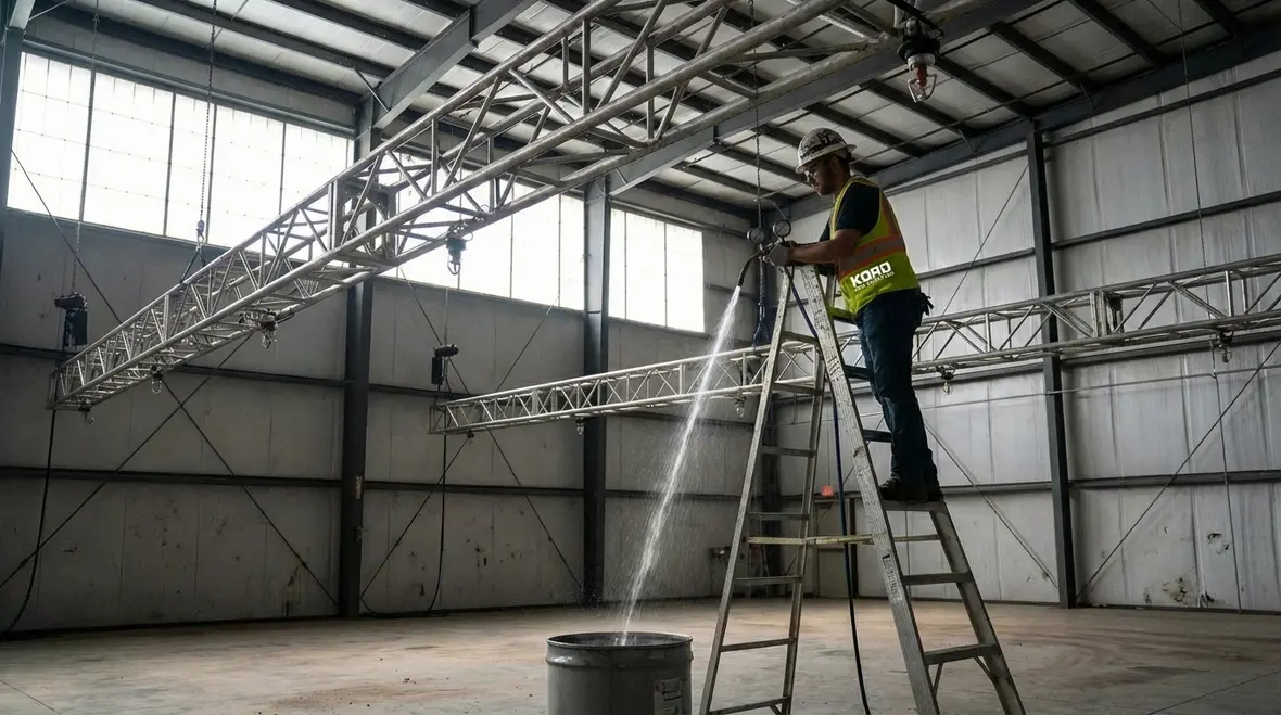 Sound stage with lighting grids and scenery at fire risk