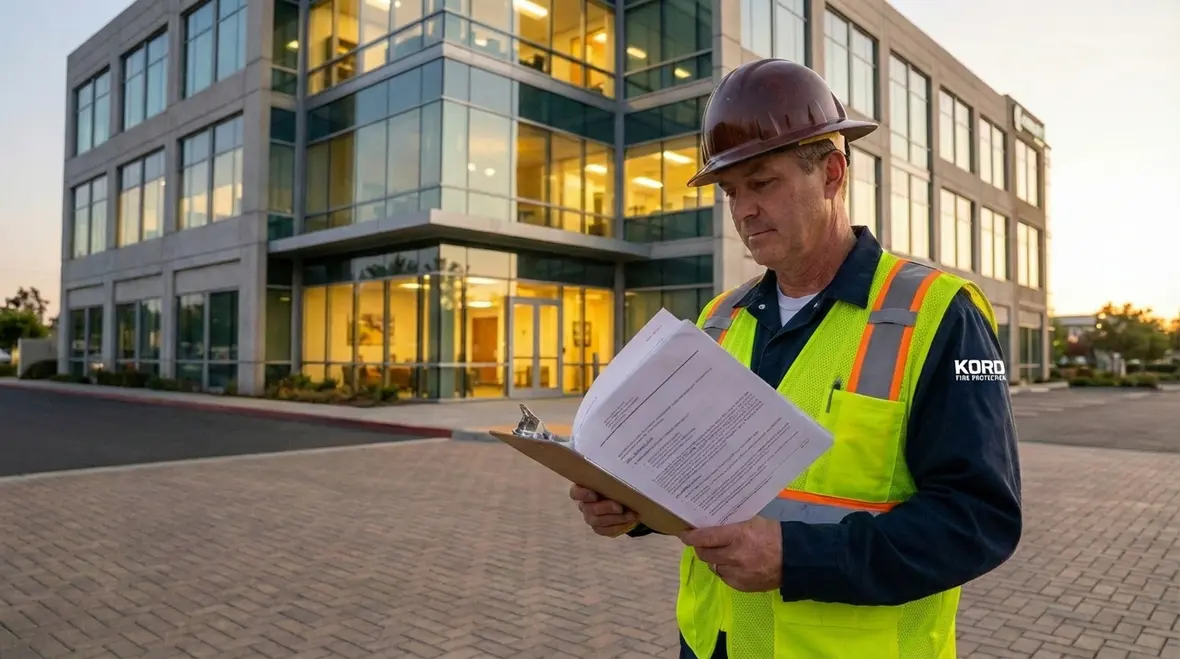 Commercial fire alarm system in a California building corridor