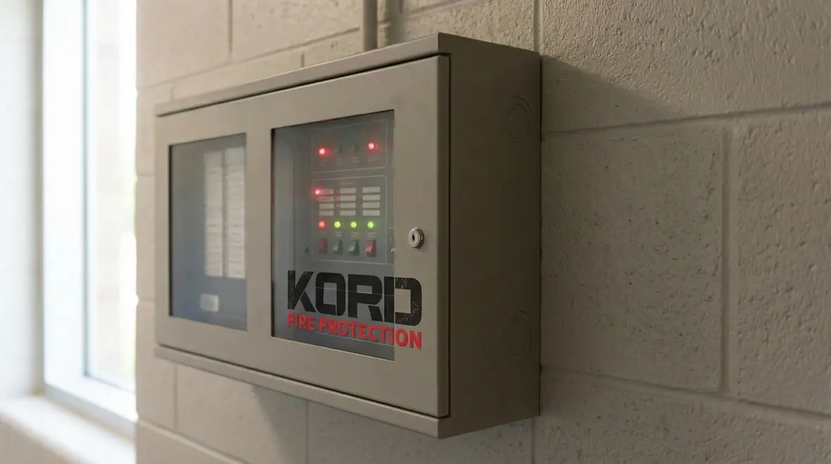 Technician setting up fire alarm monitoring panel