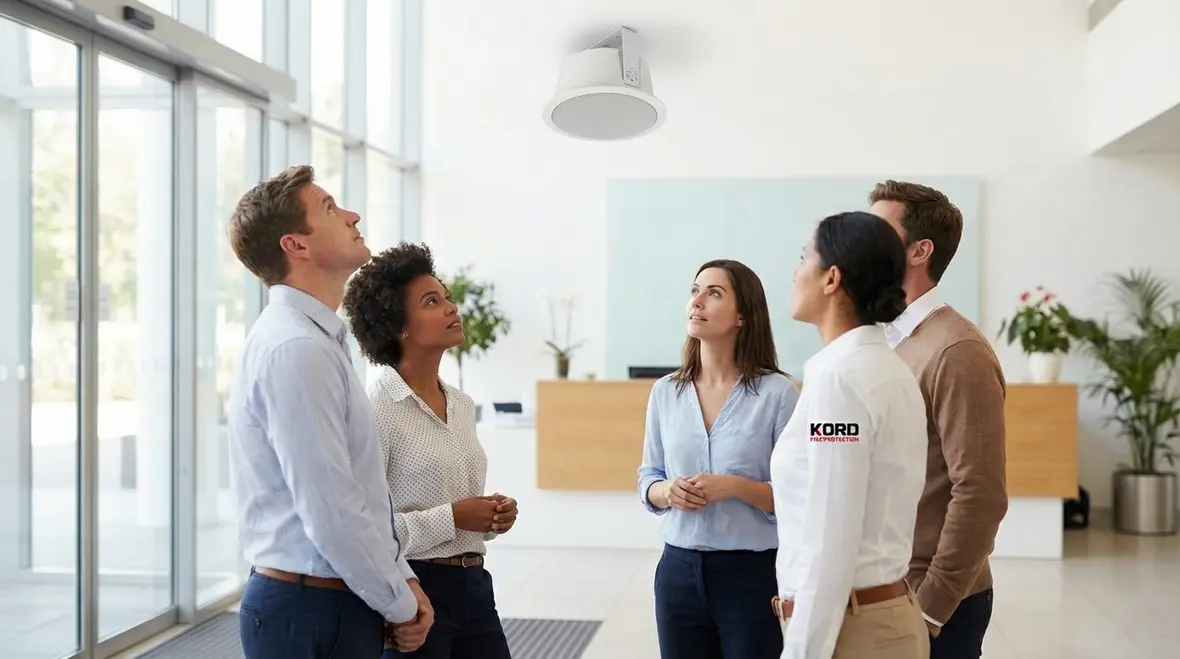 Building occupants calmly evacuating after a voice fire alarm announcement