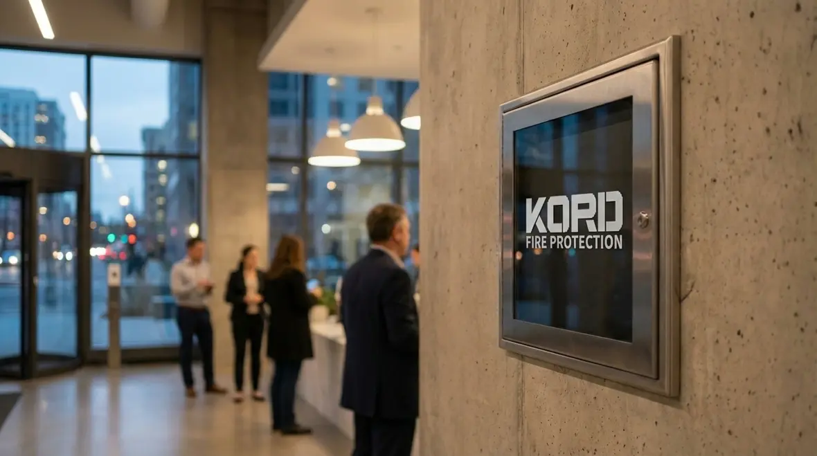 Technician reviewing a commercial fire alarm monitoring panel in Los Angeles