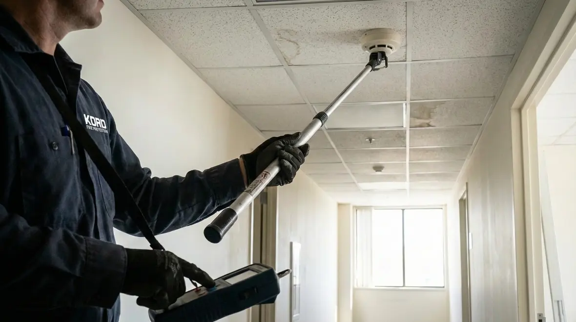Fire alarm control panel and detectors during annual test