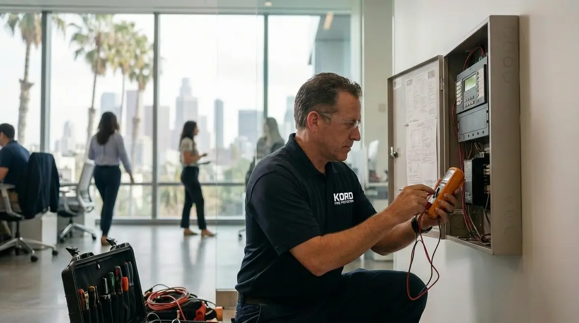 Technician performing commercial fire alarm testing in Los Angeles