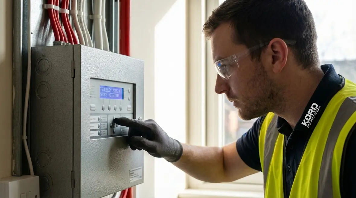 Technician reviewing a fire alarm panel trouble signal