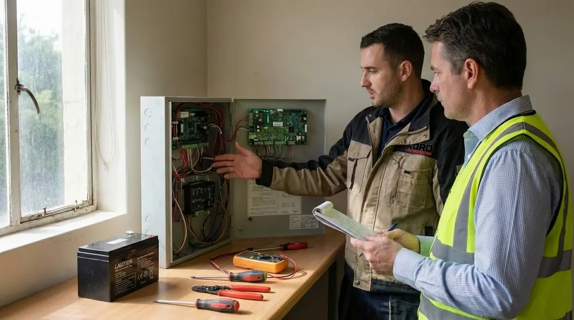 Fire alarm indicators showing system trouble status