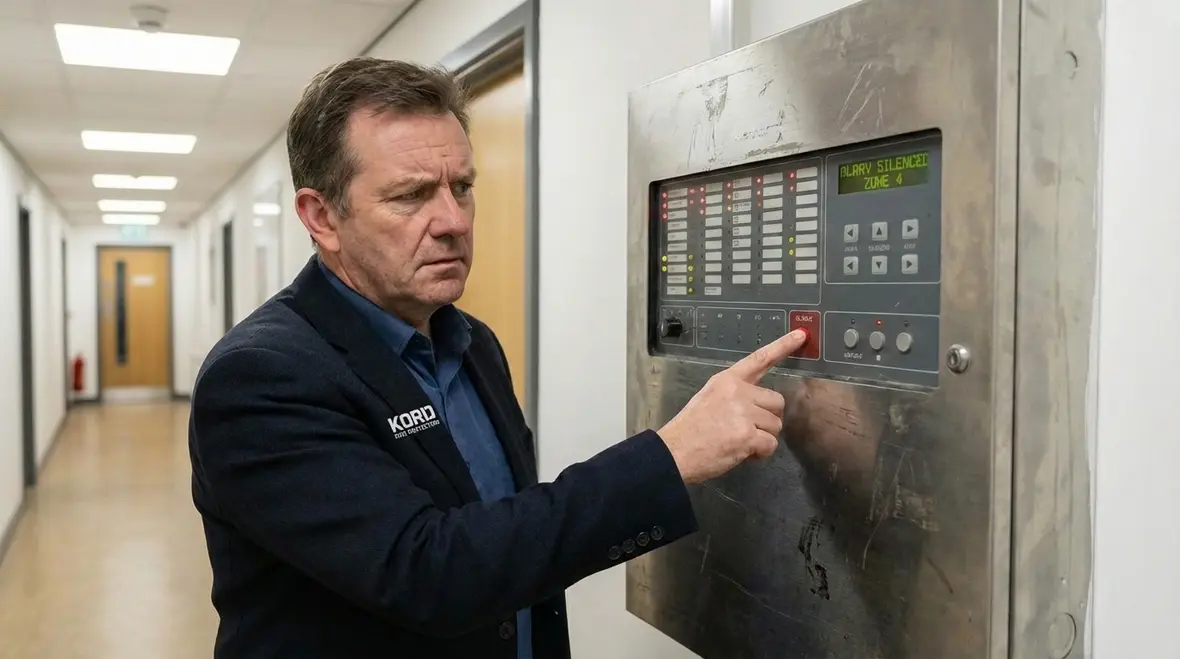 Close-up of a commercial fire alarm control panel