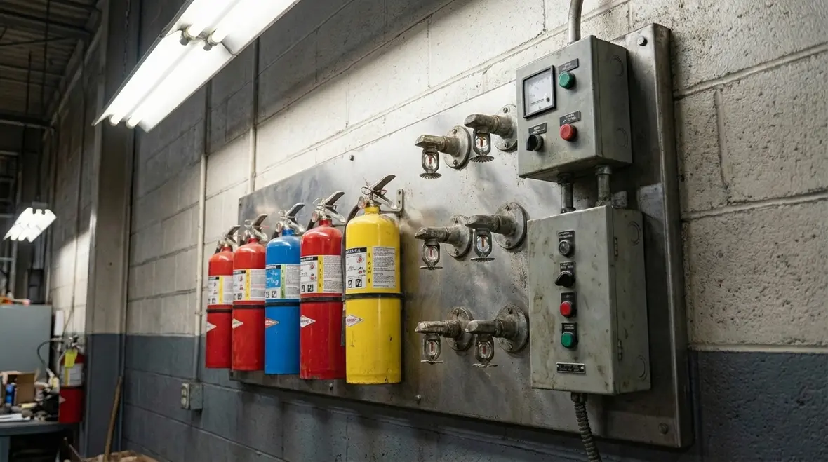 Fire sprinkler, alarm, and extinguisher systems in industrial facility