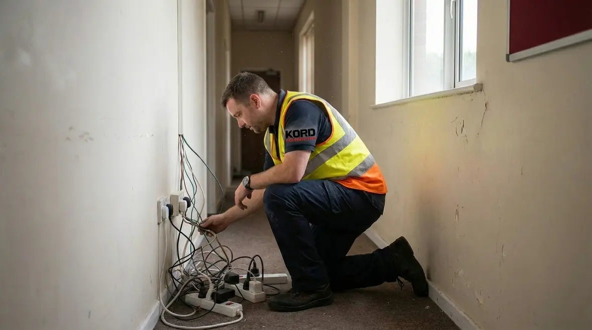 Technician performing a detailed fire risk assessment walkthrough