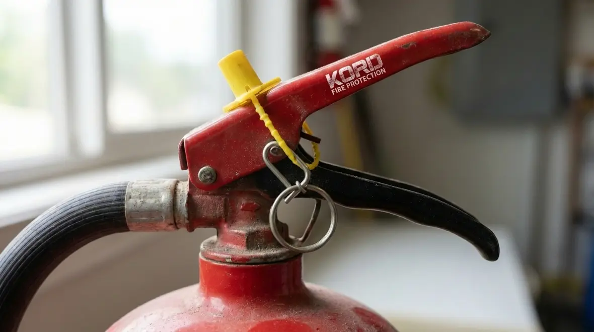 Close-up of a fire extinguisher safety pin and tamper seal