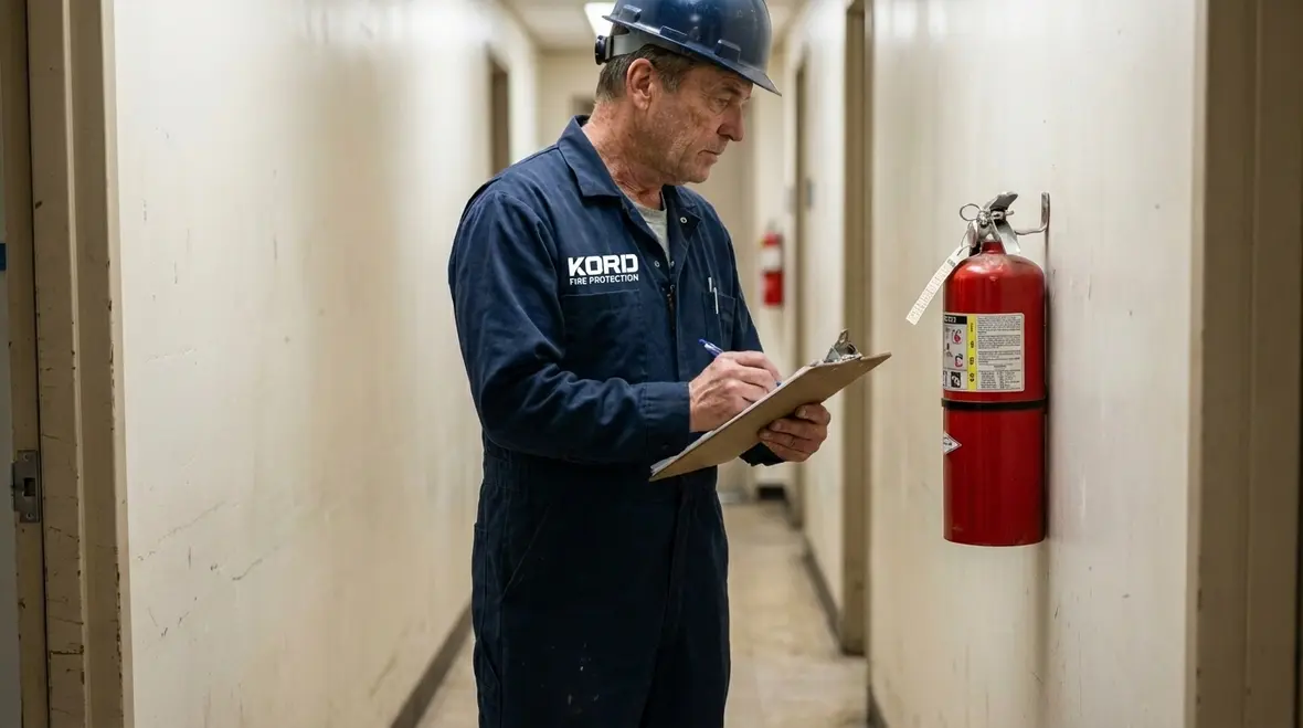 Inspector reviewing fire extinguisher for code compliance