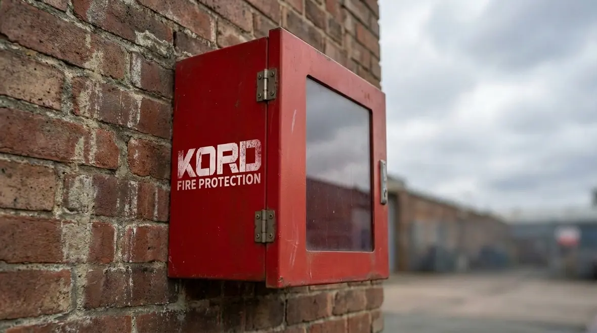 Fire extinguisher cabinet protecting equipment in corridor