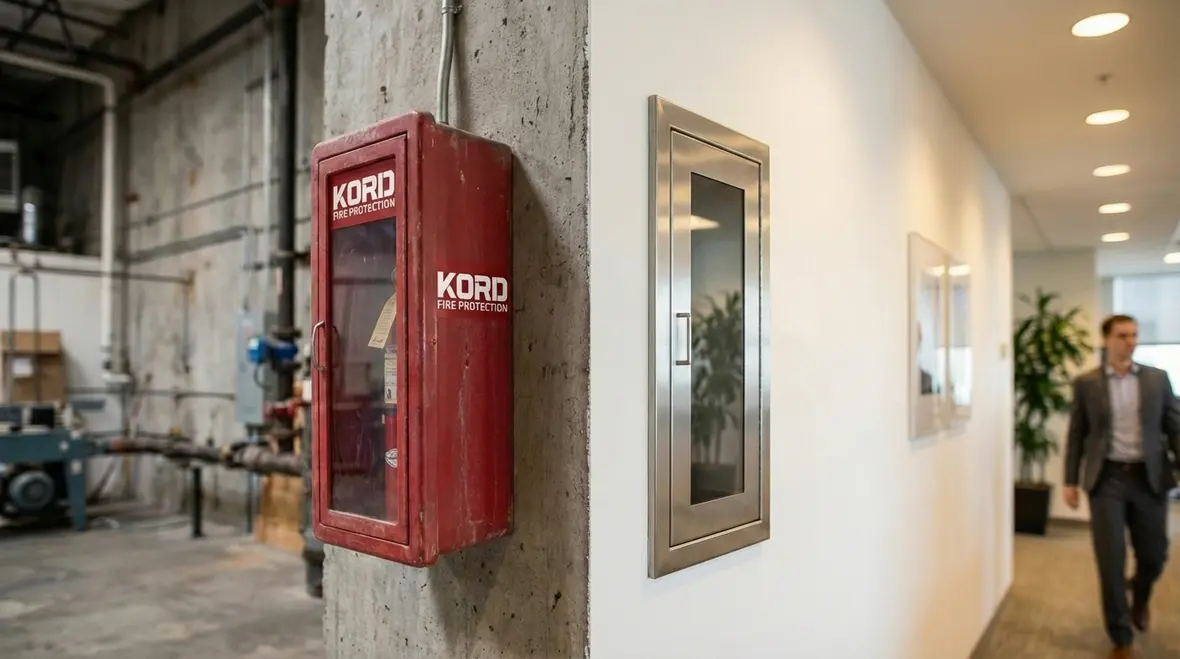Commercial hallway with recessed fire extinguisher cabinets