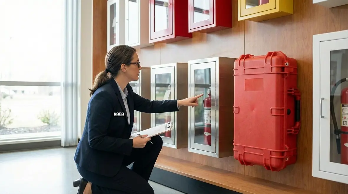 Technician choosing fire extinguisher box vs cabinet