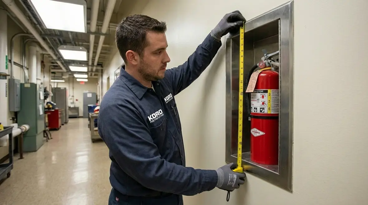 Clear signage above a fire extinguisher cabinet