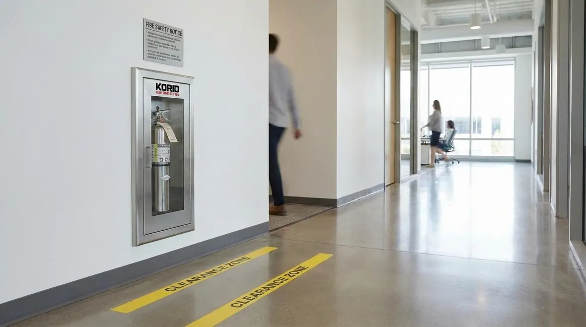 Fire extinguisher cabinet in commercial hallway