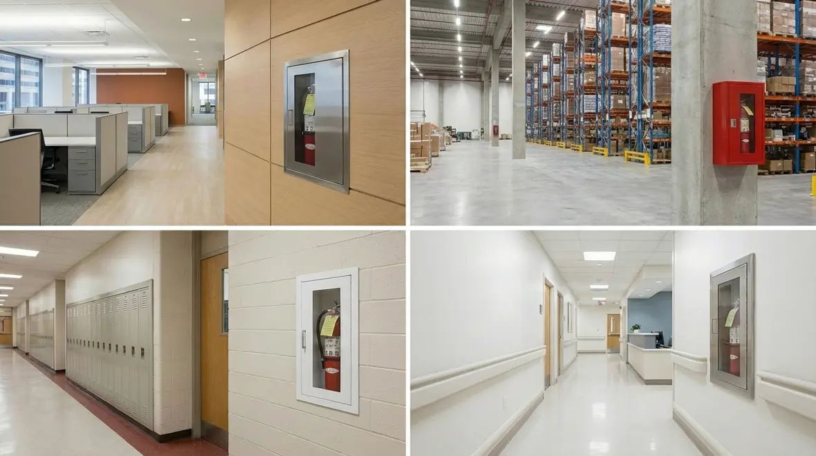 Surface mounted fire extinguisher cabinet in a warehouse aisle