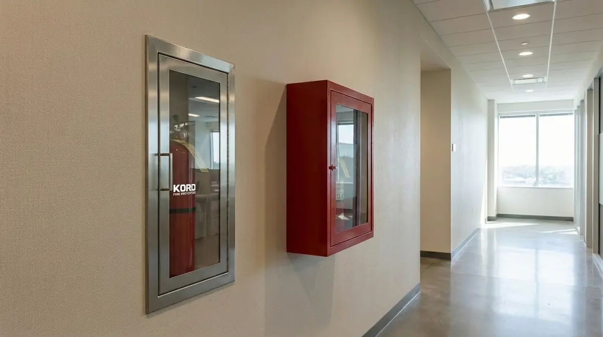 Close up of recessed fire extinguisher cabinet in a commercial hallway