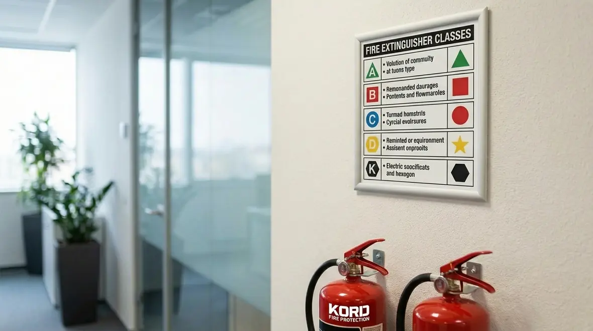 Wall-mounted fire extinguisher classes chart in a hallway