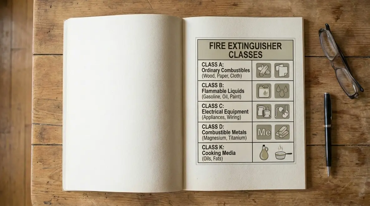 Simple wall chart listing fire extinguisher classes and fuel types