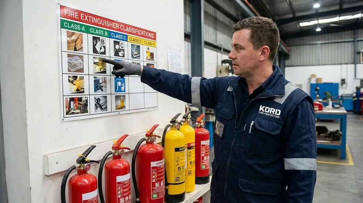 Close up of different fire extinguisher labels showing class letters