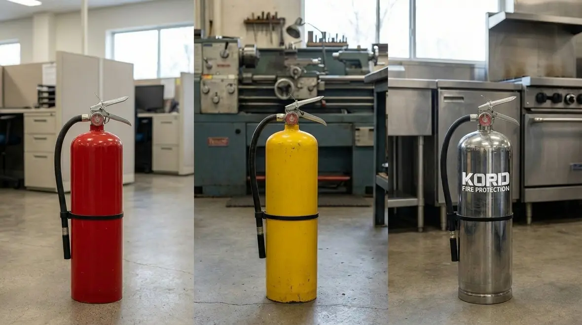 Technician teaching a team using a fire extinguisher classes chart