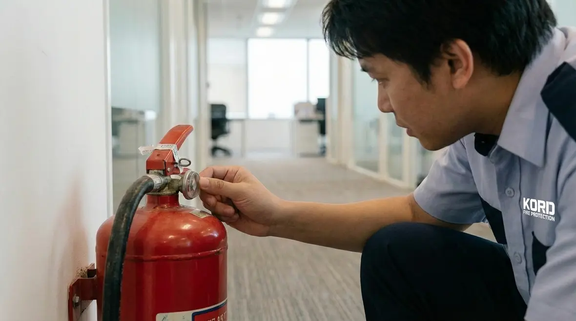 Mounted fire extinguisher in a commercial hallway