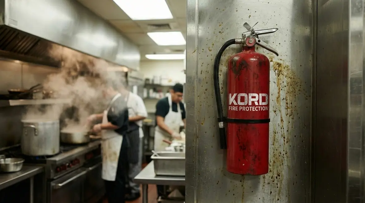 Technician checking fire extinguisher label and inspection dates