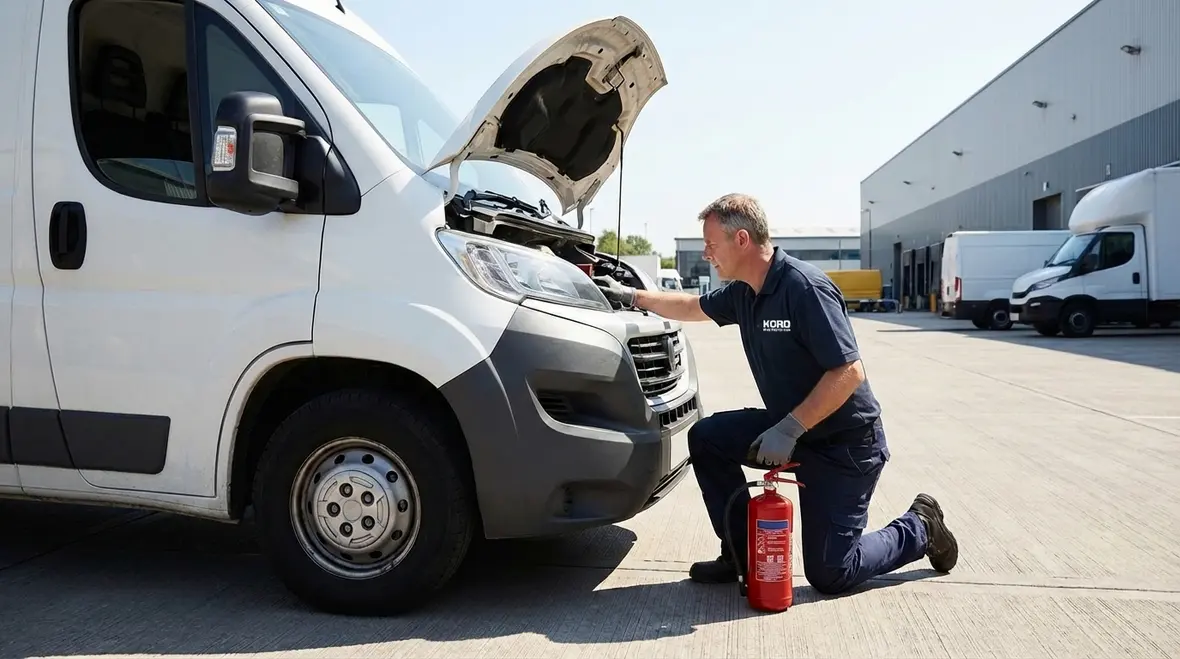 Technician checking a fire extinguisher for a vehicle fleet