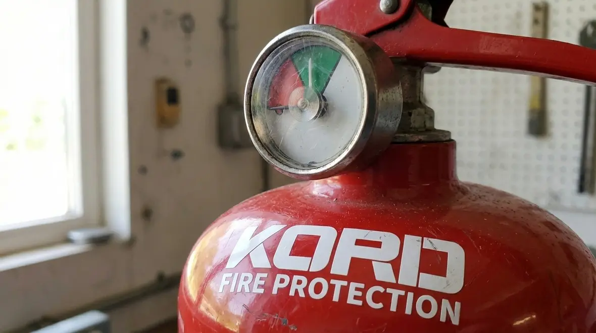 Close-up of a fire extinguisher handle and missing pin