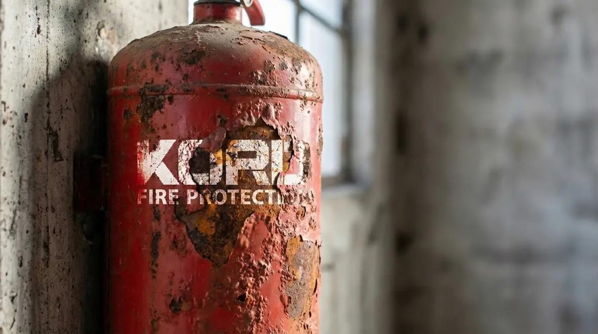 Corroded fire extinguisher details being inspected