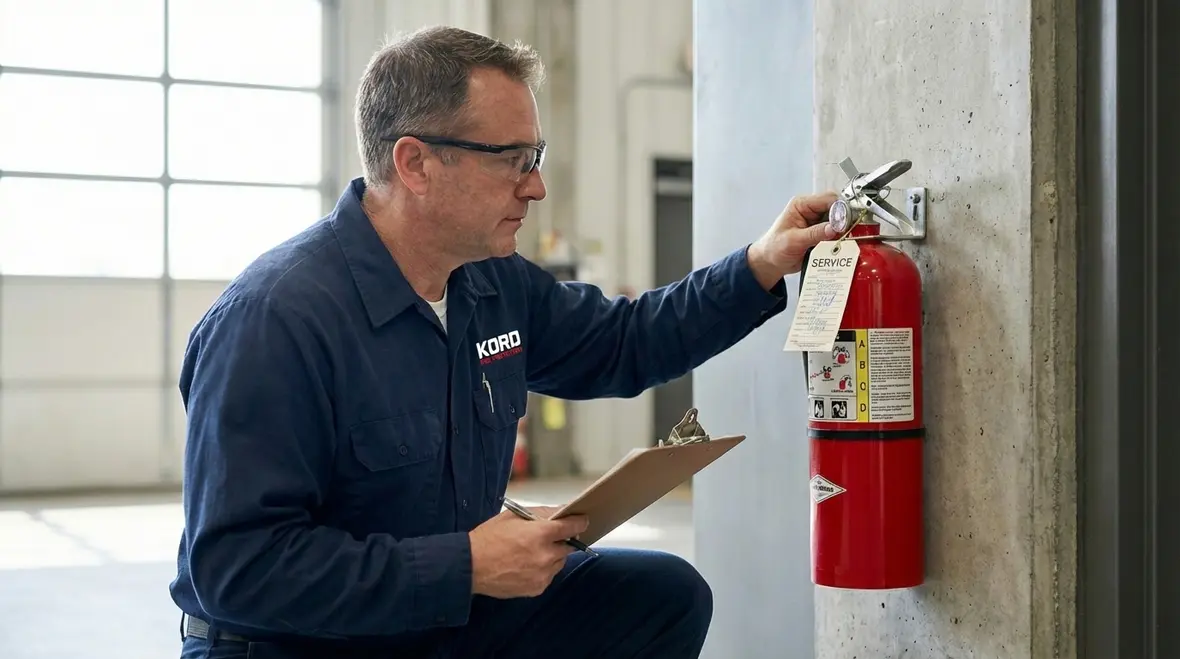 Technician performing fire extinguisher inspection