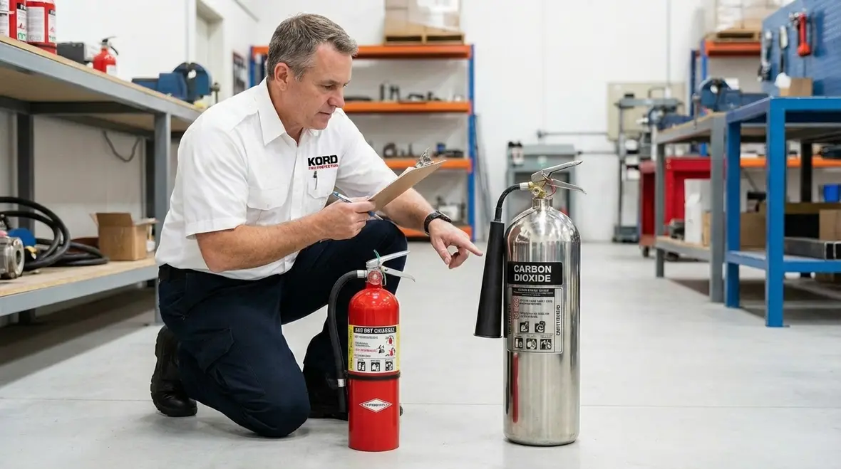 Fire extinguisher inspection on wall-mounted units