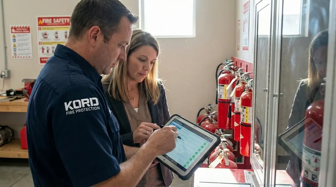 Professional Kord Fire Protection technician inspecting extinguisher