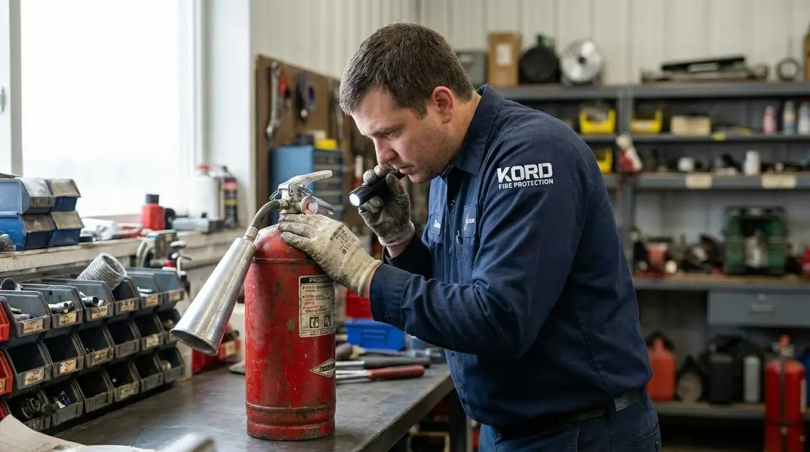 Stored pressure dry chemical extinguisher in a commercial hallway