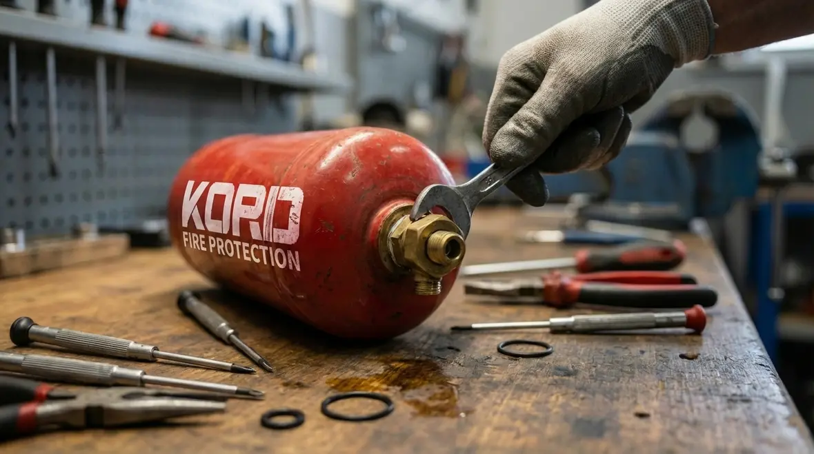 Technician performing fire extinguisher tear down and internal inspection