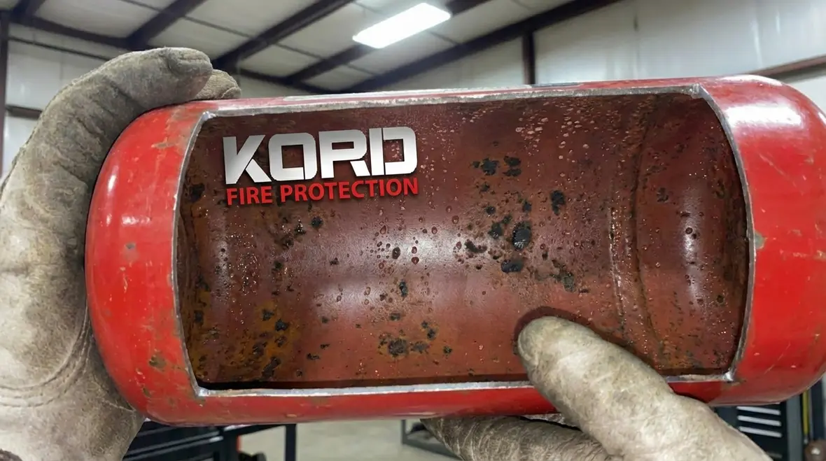 Close up of internal fire extinguisher components during inspection