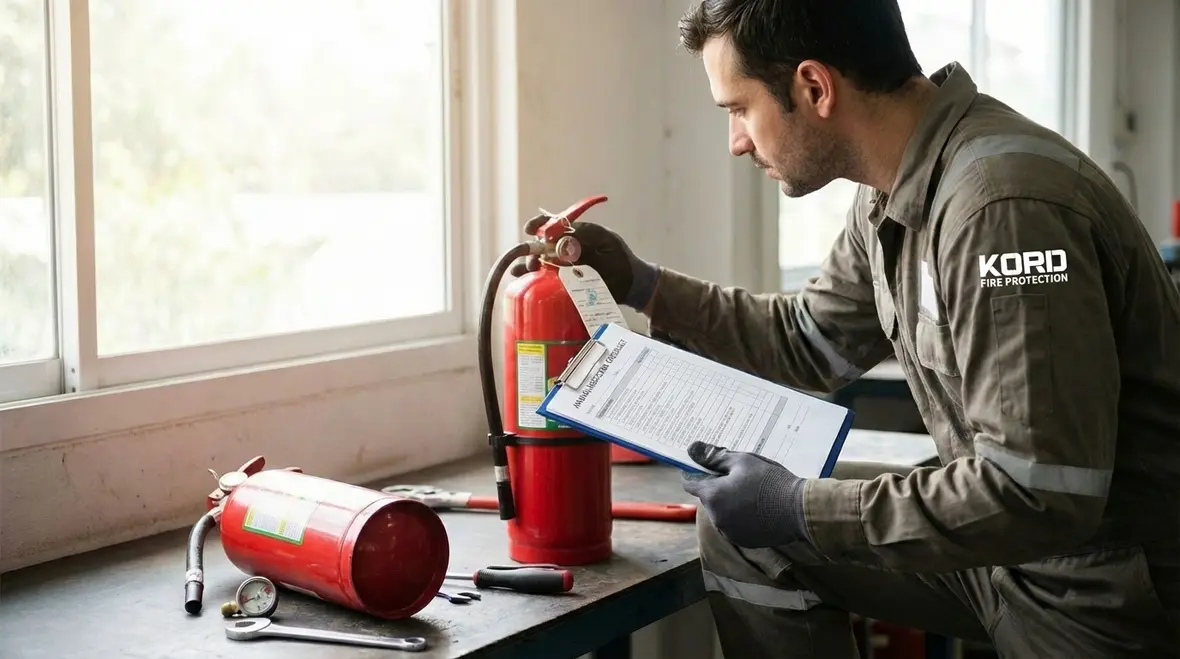Technician reviewing fire extinguisher inspection tag before six year maintenance