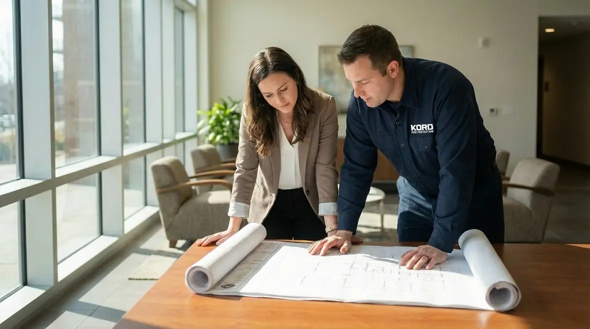 Fire alarm panel in apartment building corridor