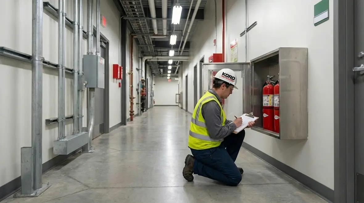 Technician checking California fire extinguisher for 2026 code compliance