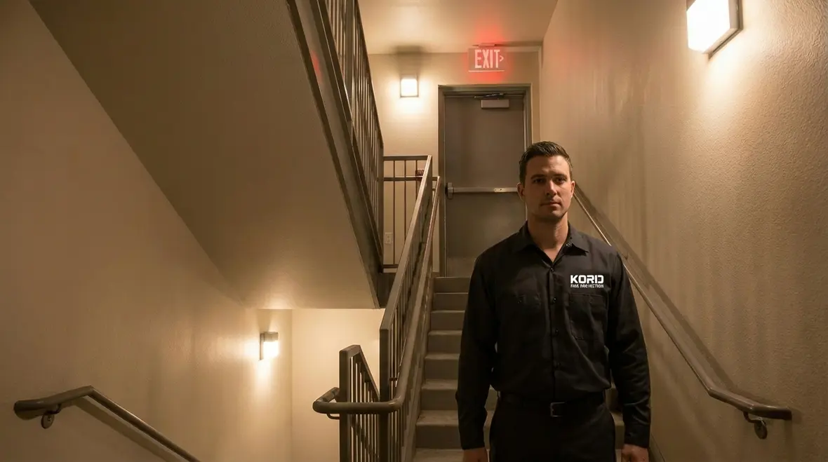 Technician performing apartment fire protection inspection