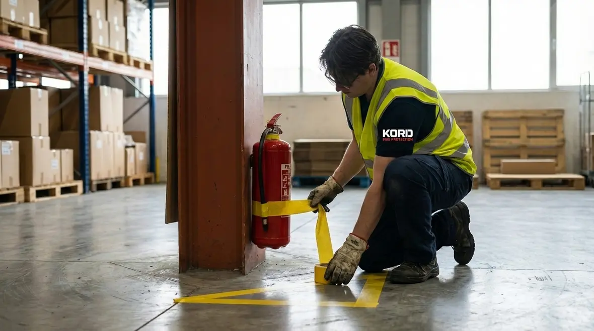 Inspector checking blocked fire extinguisher for compliance