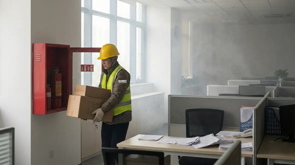 Fire extinguisher blocked by storage in a workplace aisle