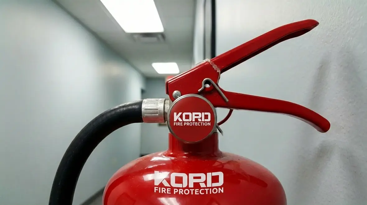 Fire extinguisher with a missing safety pin in a hallway