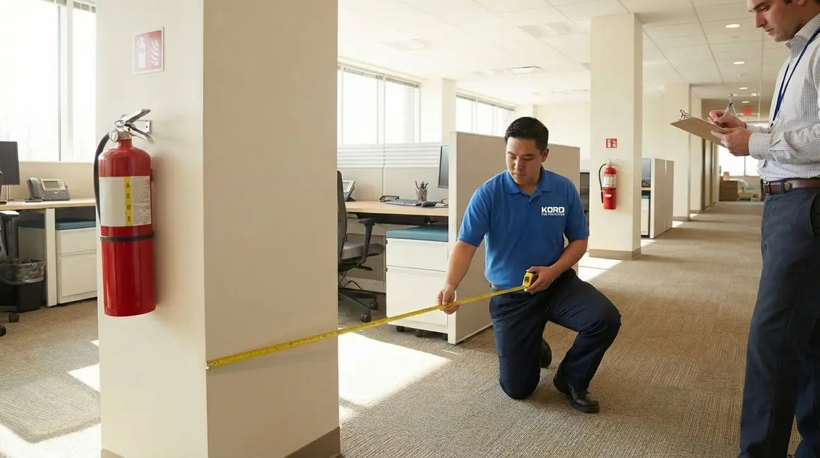 Technician checking fire extinguisher visibility and access