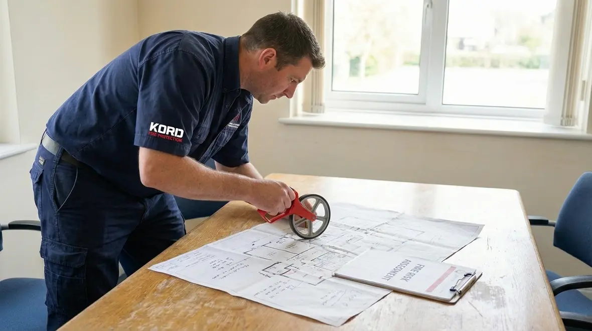 Office hallway with properly placed fire extinguisher