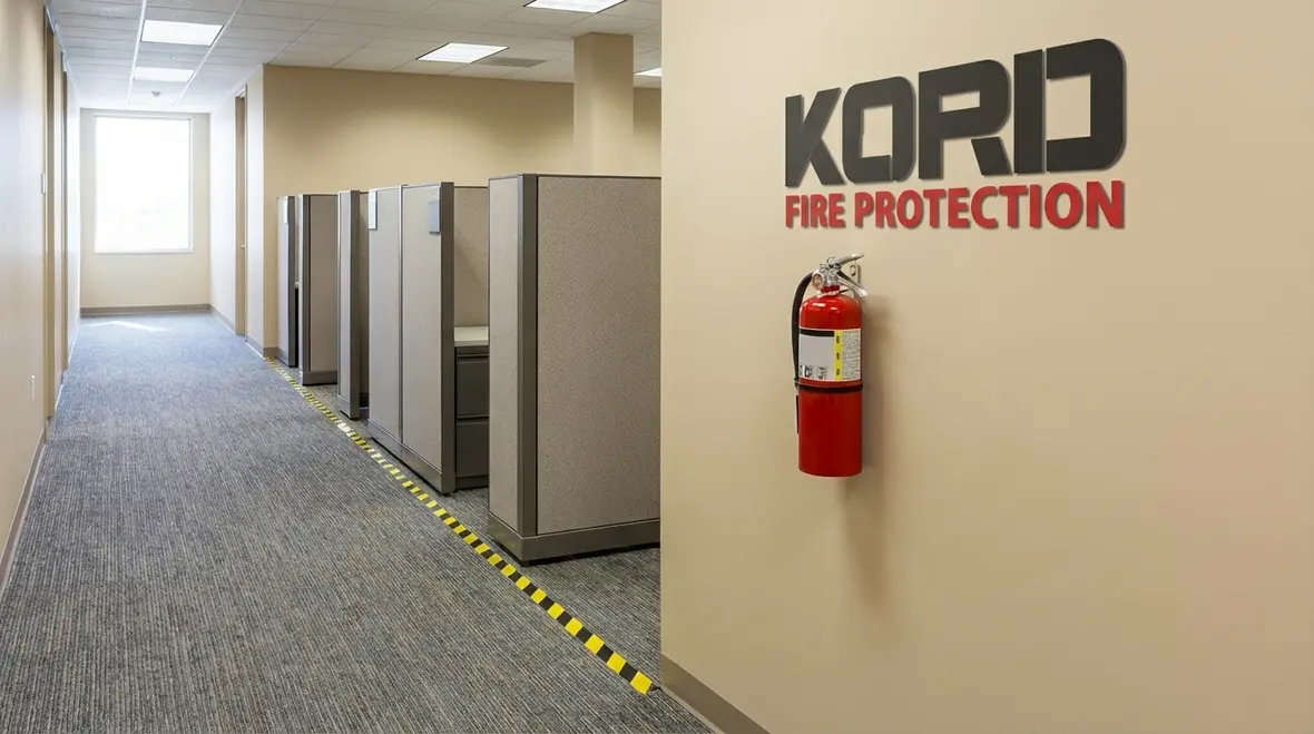 Technician planning office fire extinguisher layout